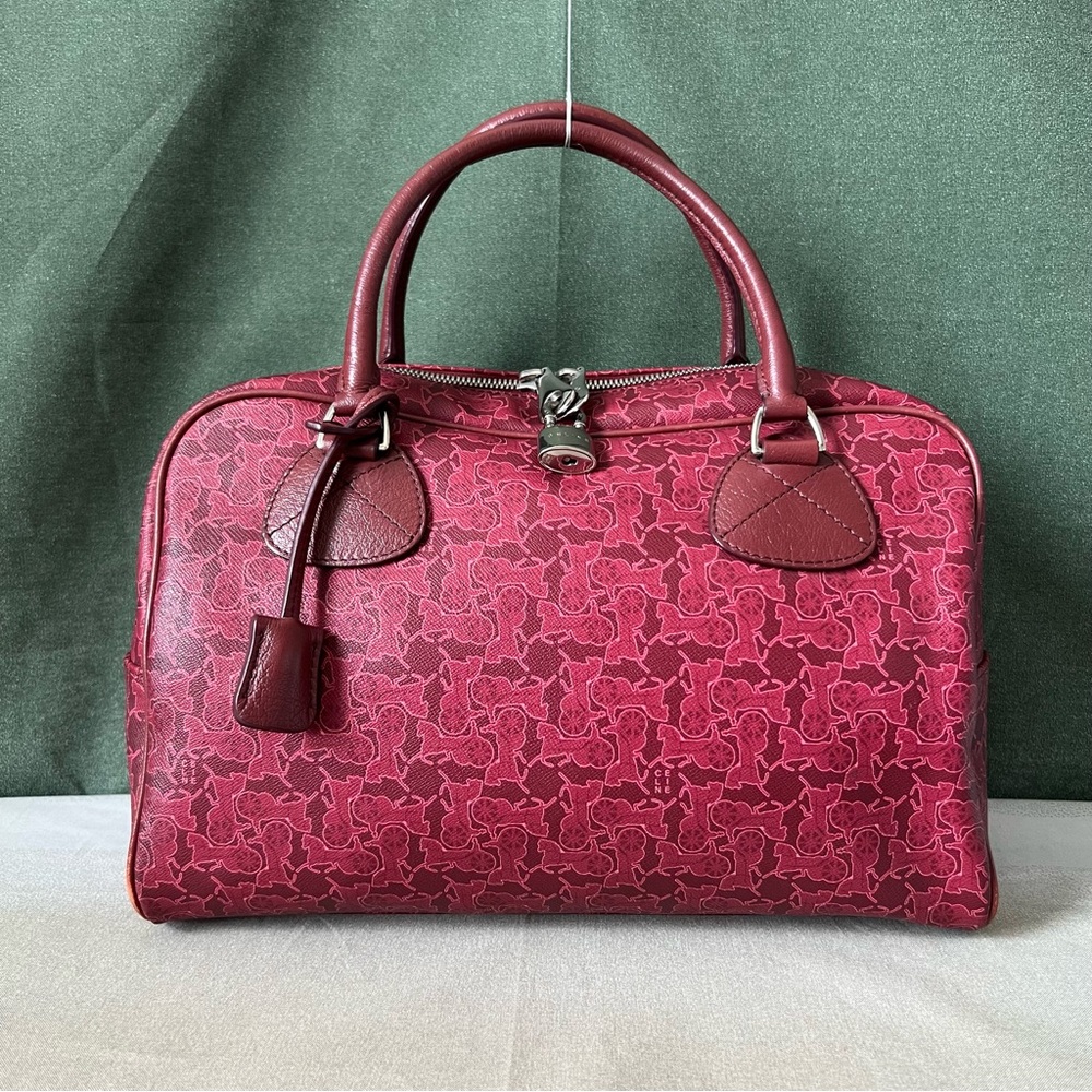 Celine Dark Red Coated Canvas Carriage Print Boston Bag